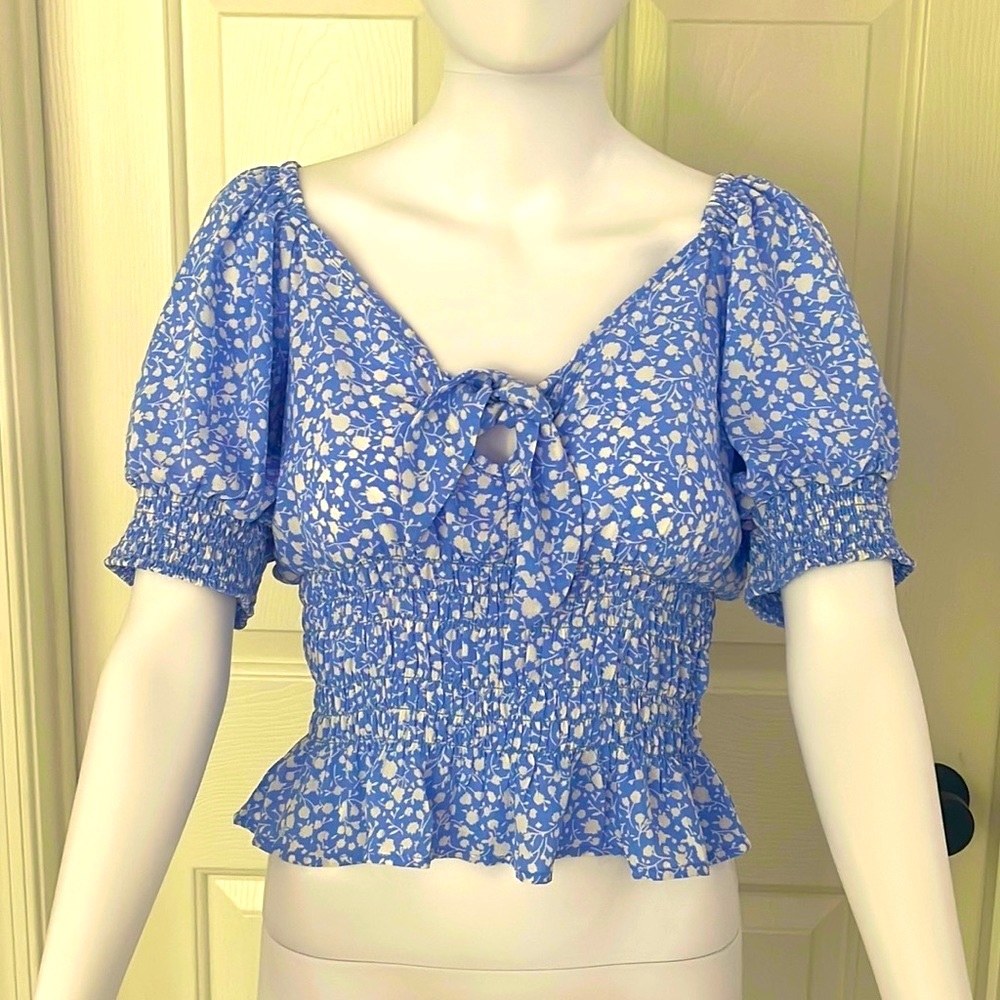 Sienna Sky Puffy Sleeve Periwinkle Blue/White Floral Peasant Blouse-Small
